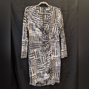 Calvin Klein Black and White Houndstooth Long Sleeve Dress